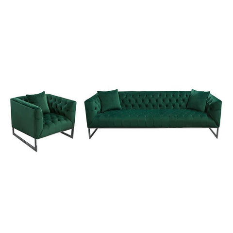 Diamond Sofa Crawford 2 Piece Tufted Sofa & Chair Set in Emerald Green Velvet w/ Polished Metal Leg & Trim