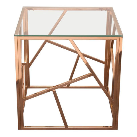 Diamond Sofa Nest Square End Table w/Clear Tempered Glass Top & Polished Stainless Steel Base in Rose Gold