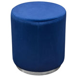 Diamond Sofa Sorbet Round Accent Ottoman in Navy Blue Velvet w/Silver Metal Band Accent