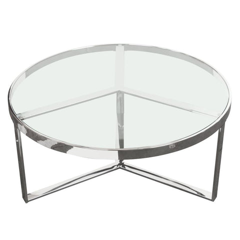 Diamond Sofa Trinity Round Cocktail Table w/Clear Tempered Glass Top & Polished Stainless Steel Frame