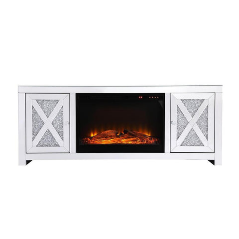 Elegant Lighting 59 in. crystal mirrored TV stand with wood log insert fireplace