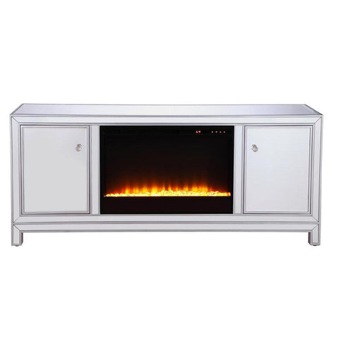 Elegant Lighting 60 in. mirrored TV stand with crystal fireplace insert in antique silver