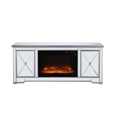 Elegant Lighting 60 in. mirrored TV stand with wood fireplace insert in antique silver
