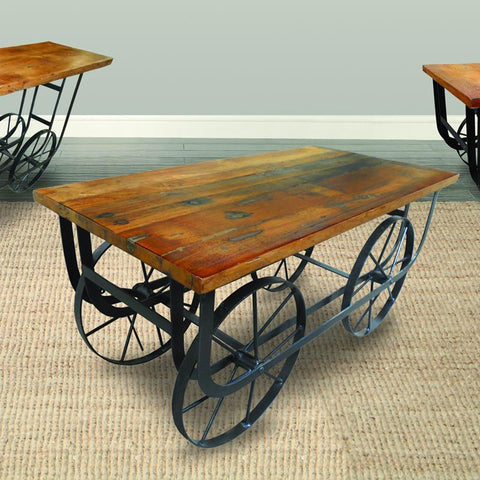 Homelegance Bremerton Cocktail Table w/Functional Wheels in Oak & Black Metal