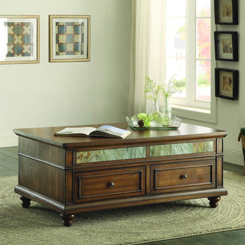Homelegance Chehalis Cocktail Table w/Lift Top & Two Functional Drawers on Casters in Brown Cherry