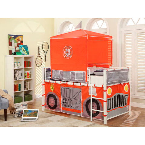 Homelegance Combustion Loft Bed, Fire Truck With Tent In White Metal Frame / Red Fabric
