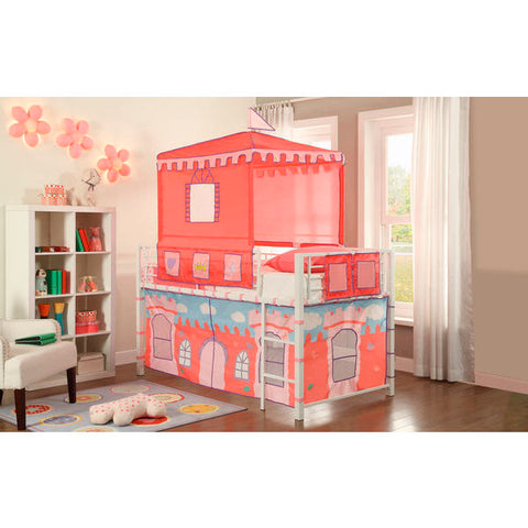 Homelegance Guinevere Loft Bed, Castle With Tent In White Metal Frame/Pink Fabric