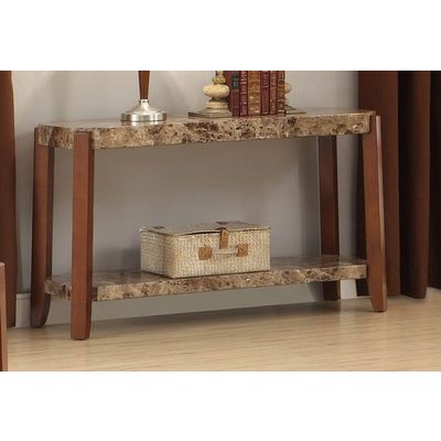 Homelegance Indra Sofa Table With Faux Marble And Shelf In Warm Cherry