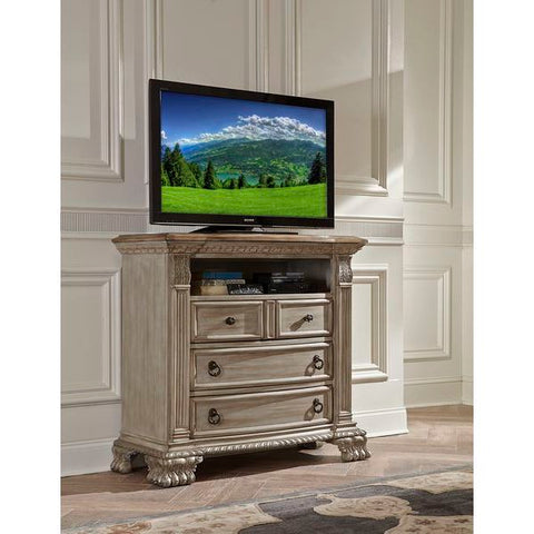 Homelegance Orleans II TV Chest With Rubber Wood Top In Antique White Washed + Driftwood Top
