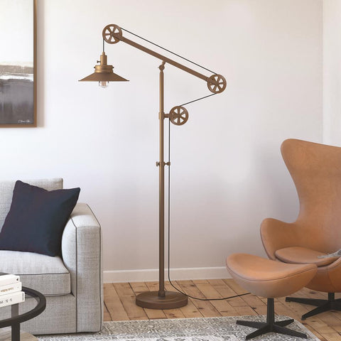 Hudson & Canal Descartes Brushed Brass Wide Brim Floor Lamp with Pulley System