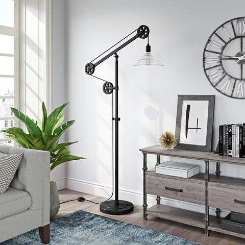 Hudson & Canal Descartes Floor Lamp in Blackened Bronze Finish with Pulley System and Ribbed Glass Shade