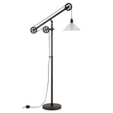 Hudson & Canal Descartes Floor Lamp in Blackened Bronze Finish with Pulley System and Ribbed Glass Shade