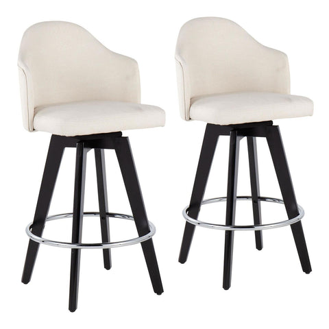 Lumisource Ahoy Contemporary 26" Fixed-Height Counter Stool with Black Wood Legs and Round Chrome Metal Footrest with Cream Fabric Seat - Set of 2