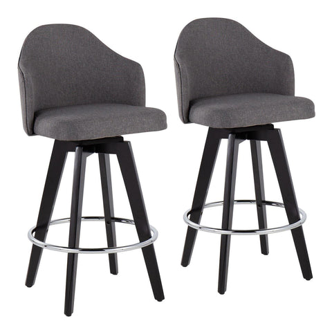 Lumisource Ahoy Contemporary 26" Fixed-Height Counter Stool with Black Wood Legs and Round Chrome Metal Footrest with Grey Fabric Seat - Set of 2