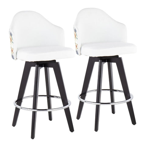 Lumisource Ahoy Contemporary 26" Fixed-Height Counter Stool with Black Wood Legs and Round Chrome Metal Footrest with White Fabric Seat and Floral Print Accent - Set of 2