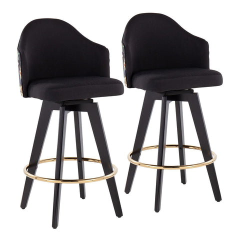 Lumisource Ahoy Contemporary 26" Fixed-Height Counter Stool with Black Wood Legs and Round Gold Metal Footrest with Black Fabric Seat and Floral Print Accent - Set of 2