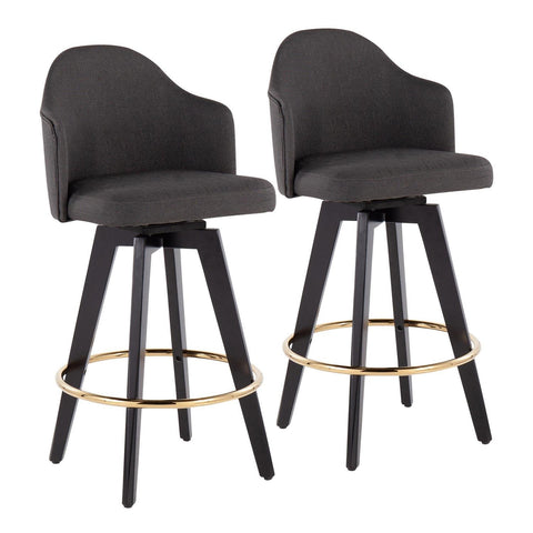 Lumisource Ahoy Contemporary 26" Fixed-Height Counter Stool with Black Wood Legs and Round Gold Metal Footrest with Charcoal Fabric Seat - Set of 2
