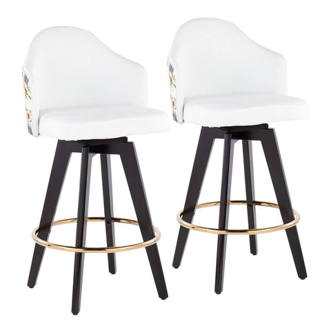 Lumisource Ahoy Contemporary 26" Fixed-Height Counter Stool with Black Wood Legs and Round Gold Metal Footrest with White Fabric Seat and Floral Print Accent - Set of 2