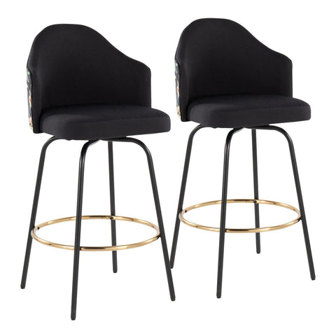 Lumisource Ahoy Contemporary Fixed-Height Bar Stool with Black Metal Legs and Round Gold Metal Footrest with Black Fabric Seat and Floral Print Accent - Set of 2