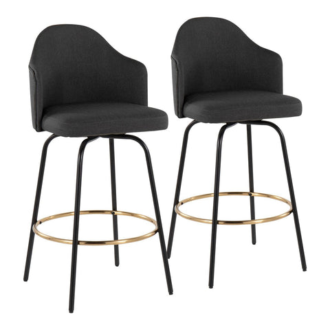Lumisource Ahoy Contemporary Fixed-Height Bar Stool with Black Metal Legs and Round Gold Metal Footrest with Charcoal Fabric Seat - Set of 2