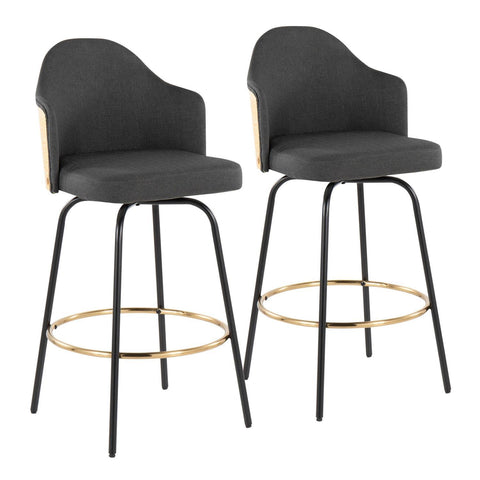 Lumisource Ahoy Contemporary Fixed-Height Bar Stool with Black Metal Legs and Round Gold Metal Footrest with Charcoal Fabric Seat and Natural Bamboo Back - Set of 2