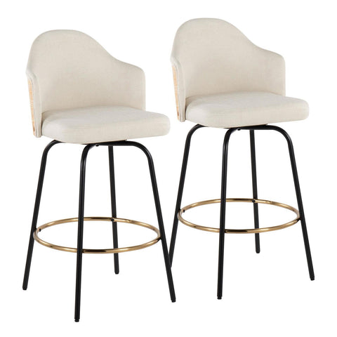 Lumisource Ahoy Contemporary Fixed-Height Bar Stool with Black Metal Legs and Round Gold Metal Footrest with Cream Fabric Seat and Natural Bamboo Back - Set of 2