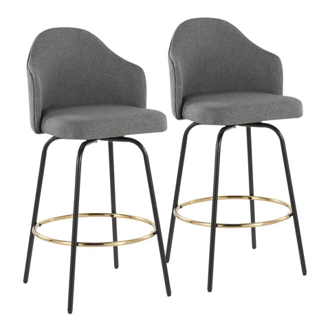 Lumisource Ahoy Contemporary Fixed-Height Bar Stool with Black Metal Legs and Round Gold Metal Footrest with Grey Fabric Seat - Set of 2