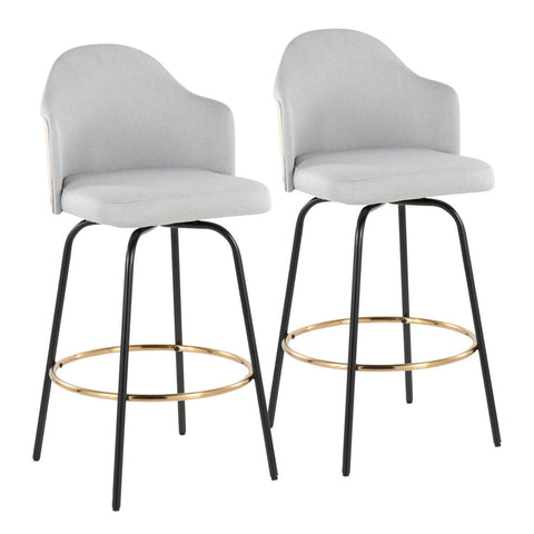 Lumisource Ahoy Contemporary Fixed-Height Bar Stool with Black Metal Legs and Round Gold Metal Footrest with Light Grey Fabric Seat and Natural Bamboo Back - Set of 2