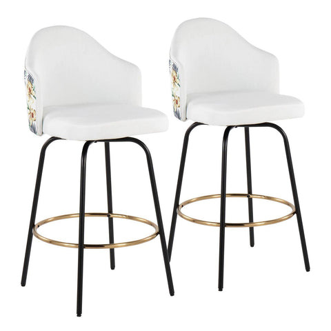 Lumisource Ahoy Contemporary Fixed-Height Bar Stool with Black Metal Legs and Round Gold Metal Footrest with White Fabric Seat and Floral Print Accent - Set of 2