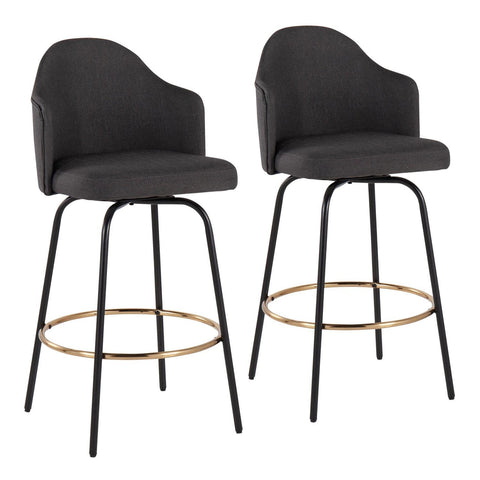 Lumisource Ahoy Contemporary Fixed-Height Counter Stool with Black Metal Legs and Round Gold Metal Footrest with Charcoal Fabric Seat - Set of 2