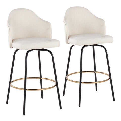 Lumisource Ahoy Contemporary Fixed-Height Counter Stool with Black Metal Legs and Round Gold Metal Footrest with Cream Fabric Seat - Set of 2