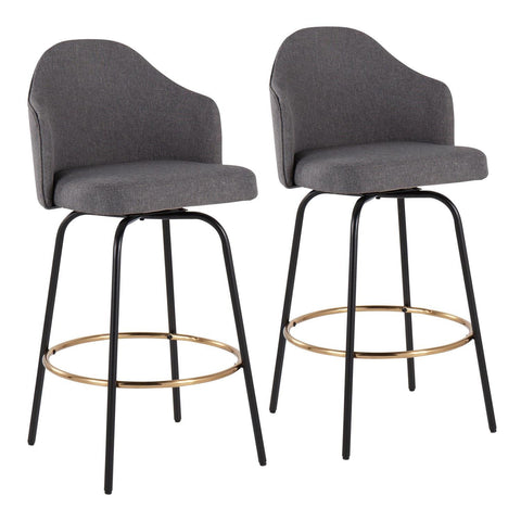 Lumisource Ahoy Contemporary Fixed-Height Counter Stool with Black Metal Legs and Round Gold Metal Footrest with Grey Fabric Seat - Set of 2
