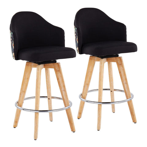 Lumisource Ahoy Contemporary Fixed-Height Counter Stool with Natural Bamboo Legs and Round Chrome Footrest with Black Fabric Seat and Floral Print Accent - Set of 2