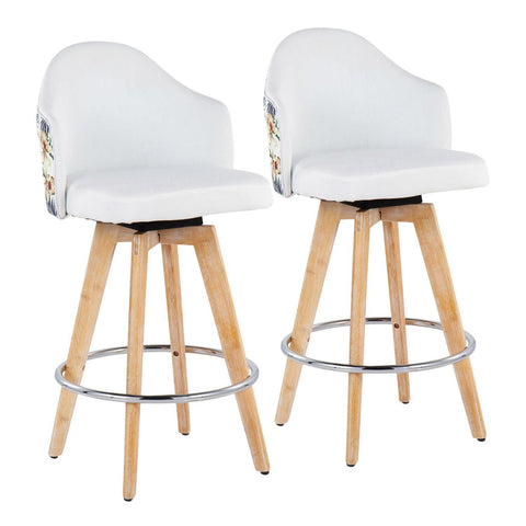 Lumisource Ahoy Contemporary Fixed-Height Counter Stool with Natural Bamboo Legs and Round Chrome Footrest with White Fabric Seat and Floral Print Accent - Set of 2
