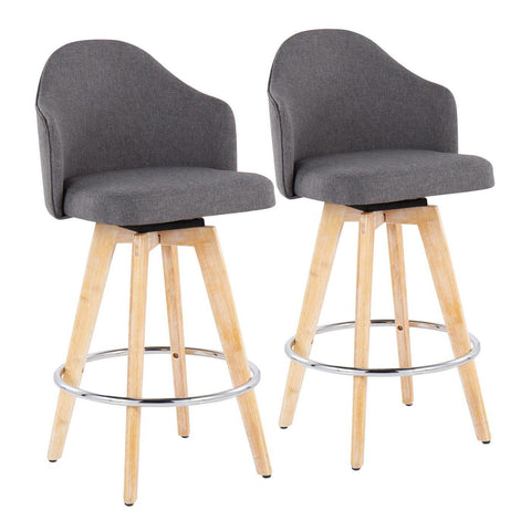 Lumisource Ahoy Contemporary Fixed-Height Counter Stool with Natural Bamboo Legs and Round Chrome Metal Footrest with Grey Fabric Seat - Set of 2