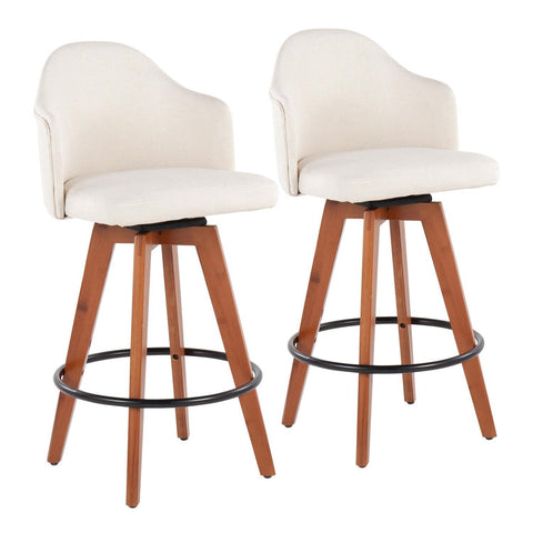 Lumisource Ahoy Contemporary Fixed-Height Counter Stool with Walnut Bamboo Legs and Round Black Metal Footrest with Cream Fabric Seat - Set of 2