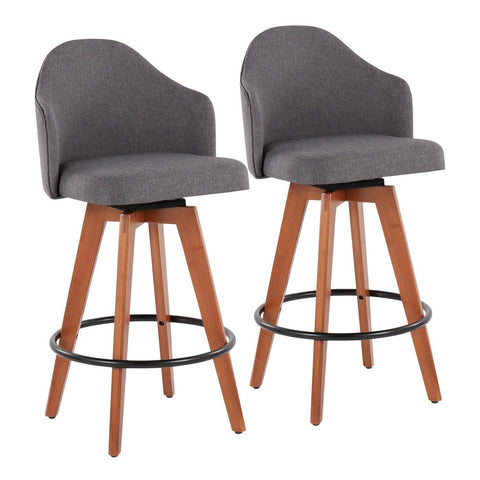Lumisource Ahoy Contemporary Fixed-Height Counter Stool with Walnut Bamboo Legs and Round Black Metal Footrest with Grey Fabric Seat - Set of 2