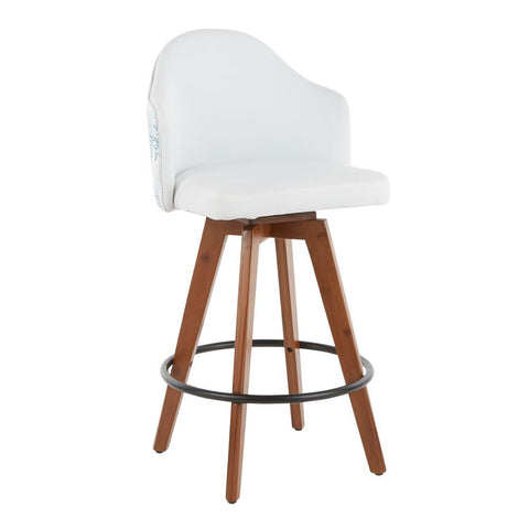 Lumisource Ahoy Mid-Century Counter Stool in Walnut and White Fabric with Blue Coral Design