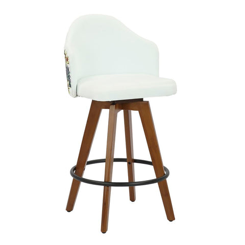 Lumisource Ahoy Mid-Century Counter Stool in Walnut and White Fabric with Floral Design