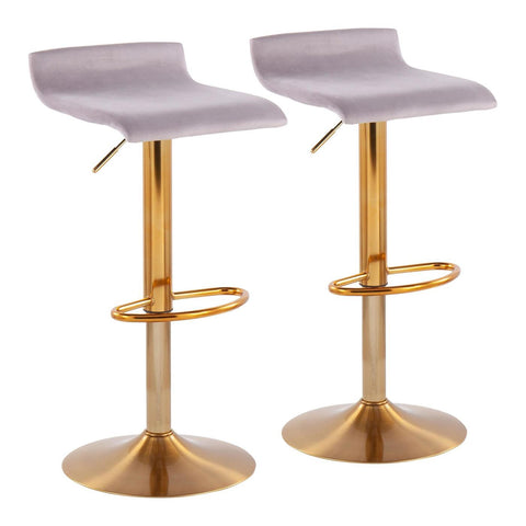 Lumisource Ale Contemporary Adjustable Barstool in Gold Steel and Silver Velvet - Set of 2