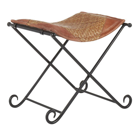 Lumisource Ali Industrial Leather Stool in Black Metal and Natural Rattan With Brown Leather Accent