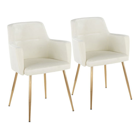 Lumisource Andrew Contemporary Dining/Accent Chair in Gold Metal and Cream Velvet - Set of 2