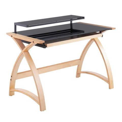 Lumisource Bentley Mid-Century Modern Office Desk in Natural Wood and Black Glass