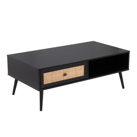 Lumisource Bora Bora Contemporary Coffee Table in Black Wood with Rattan Accents