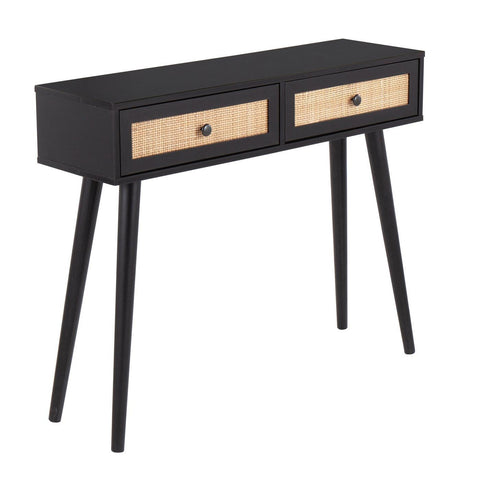Lumisource Bora Bora Contemporary Console Table in Black Wood with Rattan Accents