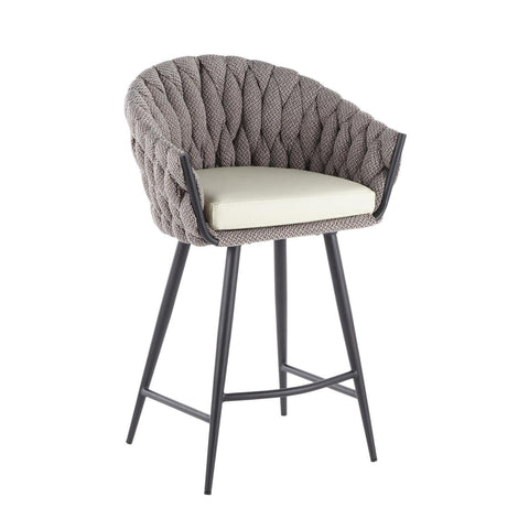 Lumisource Braided Matisse Contemporary Counter Stool in Black Metal with Cream Faux Leather and Grey Fabric