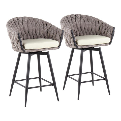 Lumisource Braided Matisse Contemporary Counter Stool in Black Steel with Grey Fabric and Cream Faux Leather - Set of 2