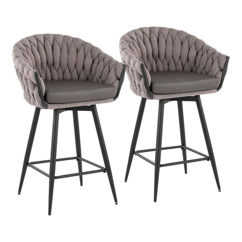 Lumisource Braided Matisse Contemporary Counter Stool in Black Steel with Grey Fabric and Grey Faux Leather - Set of 2