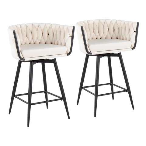 Lumisource Braided Renee Contemporary Counter Stool in Black Steel and White Velvet - Set of 2