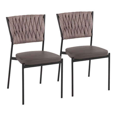 Lumisource Braided Tania Contemporary Chair in Black Metal, Grey Faux Leather, and Light Brown Fabric - Set of 2